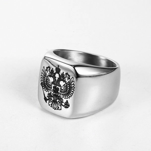 Mens stainless steel signet ring featuring the Russian double-headed eagle emblem in silver