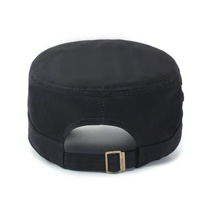 Classic black cotton flat top army cap with adjustable metal buckle on back