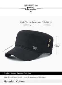 Detail view of cotton military flat top cap showing metal eagle badge and dimensions