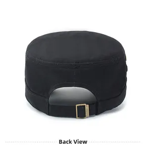 Back view of black cotton cadet cap featuring an adjustable metal buckle and stitching