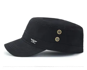Side view of black cotton cadet cap featuring silver eagle badge and gold eyelets