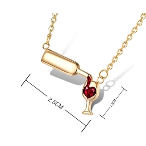 Detailed view of gold wine bottle necklace with red heart zircon pendant measuring 2.5cm