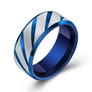 8mm brushed silver and blue slanted groove stainless steel ring with inner arc