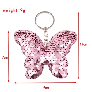 Pink sequin butterfly keychain with metal ring, size 11x9cm, weighing 9g for bags