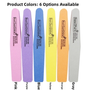 Detailed view of 100/180 grit double-sided sponge nail files in six assorted colors