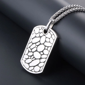 Polished silver titanium steel dog tag necklace with unique hammered pebble texture for men