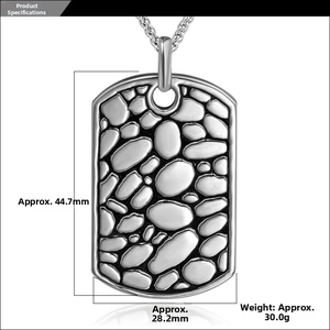 Detailed view of titanium steel dog tag pendant with dimensions 44.7mm by 28.2mm