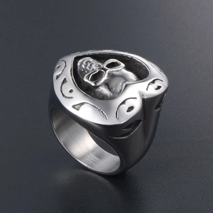 Bague vintage homme en acier titane avec motif cœur et crâne, fini argent brossé