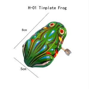Retro wind-up tin frog toy with colorful geometric patterns on white background
