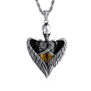 Halloween skull angel wing necklace with tiger eye stone on a silver braided chain