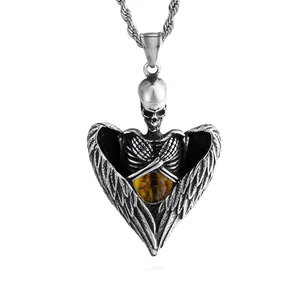 Gothic Skull Angel Wings Pendant Stainless Steel With Tiger Eye Stone Vintage Punk Halloween Jewelry For Men Women