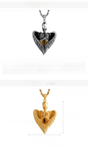 Detailed size specifications for heart skeleton wings pendant in steel and gold finishes