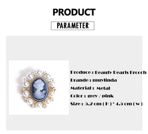 Detailed view showing dimensions and materials of the vintage Victorian pearl cameo brooch