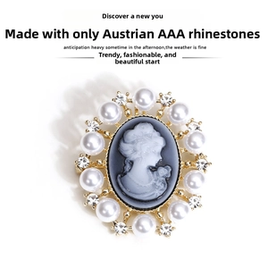 Detailed view of Victoria cameo brooch with pearls and AAA Austrian rhinestones