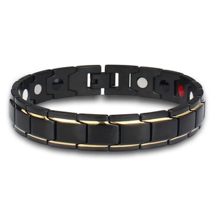 Men's two-tone black and gold stainless steel magnetic health bracelet with link design