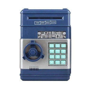 Macro view of blue electronic ATM piggy bank with keypad and simulated rotary lock