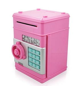 Pink ATM piggy bank showing keypad, coin slot and security rotating lock mechanism