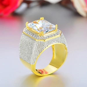 Macro shot of hip hop square zircon ring with sparkling rectangular main stone