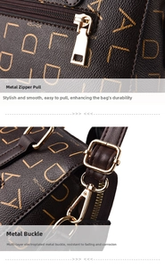 Close-up of durable metal zipper and electroplated swivel hook on floral PU leather bag