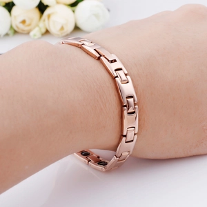 Elegant rose gold titanium steel magnetic bracelet for women with white rose decor