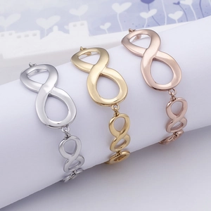 Infinity symbol bracelets in silver, gold, and rose gold finishes for men and women