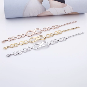 Stylish infinity symbol stainless steel bracelets in rose gold, gold, and silver finishes