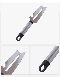 Multi-functional stainless steel kitchen peeler showing blade detail and anti-slip handle