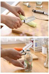 Close-up of stainless steel peeler blade slicing cucumber and opening a bottle cap