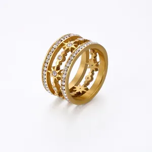Wide Band Ring Stainless Steel Gold Plated With Cubic Zirconia Multi Layer Hollow Star Design For Women
