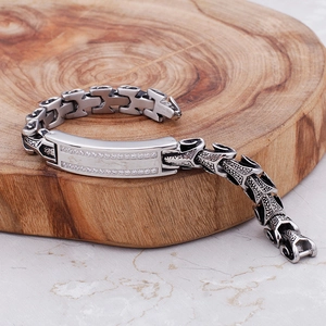 Men's stainless steel dragon bone chain bracelet with micro-pave cubic zirconia inlay