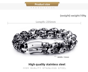 Detailed specs of punk skull stainless steel bracelet with weight and dimensions