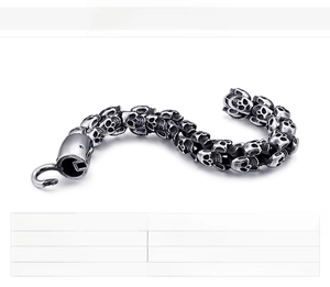 Detailed view of punk skull bracelet made of high-quality polished stainless steel