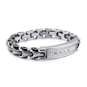 Men Dragon Bone Chain Bracelet 316L Stainless Steel Double Row Zircon Inlaid Curved ID Plate Retro Punk Mechanical Bangle