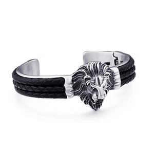 Herrenarmband aus Edelstahl mit Löwenkopf und schwarzem geflochtenem Lederband in Silber