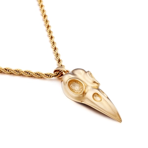 Gothic gold stainless steel bird skull pendant necklace with braided rope chain design