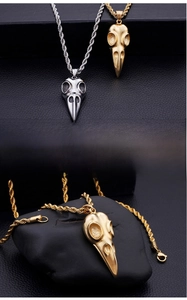 Macro detail of gothic stainless steel bird skull pendant on a heavy rope chain