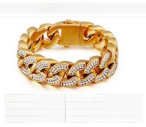 Detailed view of gold plated 18K Cuban chain bracelet with full zircon diamond settings
