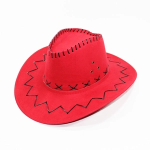 Detail of red suede cowboy hat with black decorative stitching and metal eyelets