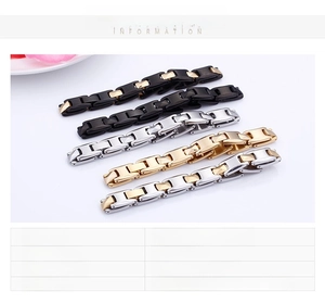 Detailed specs for 18K gold plated stainless steel bracelets in gold, black, and silver colors