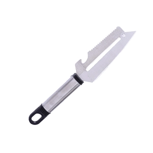 Multifunctional stainless steel peeler with black anti-slip handle and sharp serrated blade
