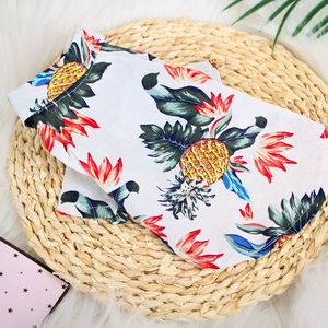 Dog summer shirt with colorful pineapple and tropical floral print on a natural setting