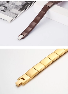 Detail view of coffee and gold titanium steel magnetic bracelets with folding clasp