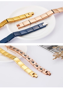 Detail of magnetic therapy links on stainless steel bracelets in gold and rose gold