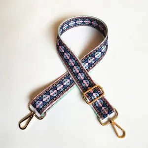 Detailed view of adjustable ethnic print bag strap with mint green geometric patterns