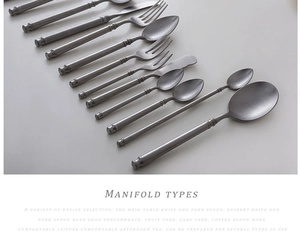 Detailed macro view of dark grey matte stainless steel cutlery set components and types