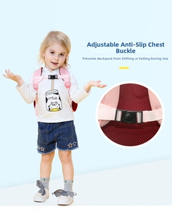 Detail of adjustable non-slip chest buckle and breathable honeycomb mesh on pink kids backpack