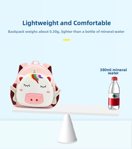 Lightweight pink unicorn kids backpack weighing only 0.3kg compared to a water bottle