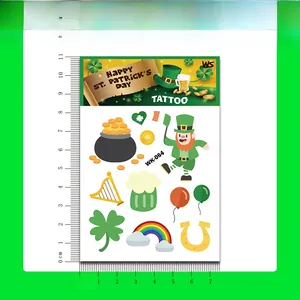 Detailed size view of St. Patrick's Day temporary tattoo sheet with leprechaun and shamrock