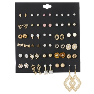 Detailed set of 30 pairs of gold and silver stud earrings with pearls and rhinestones