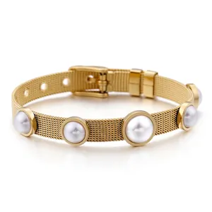 Bracelet Maille Milanaise Élégant En Acier Inoxydable Avec Künstliche Perles De Coquillage Boucle Réglable Bijoux De Mode